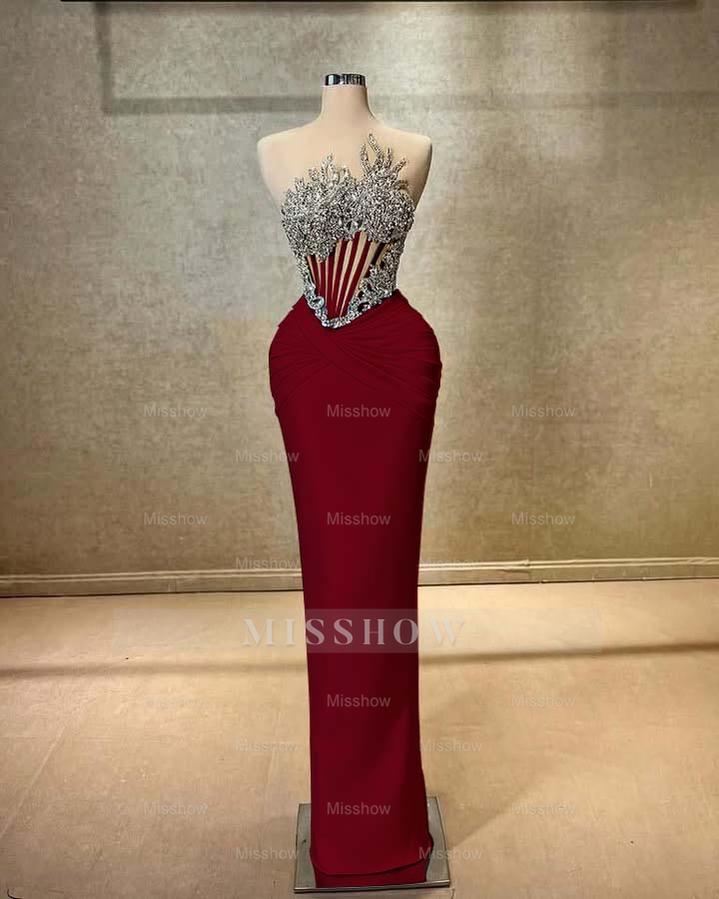 Strapless Sleeveless Long Mermaid Formal Dress With Beading Pleated