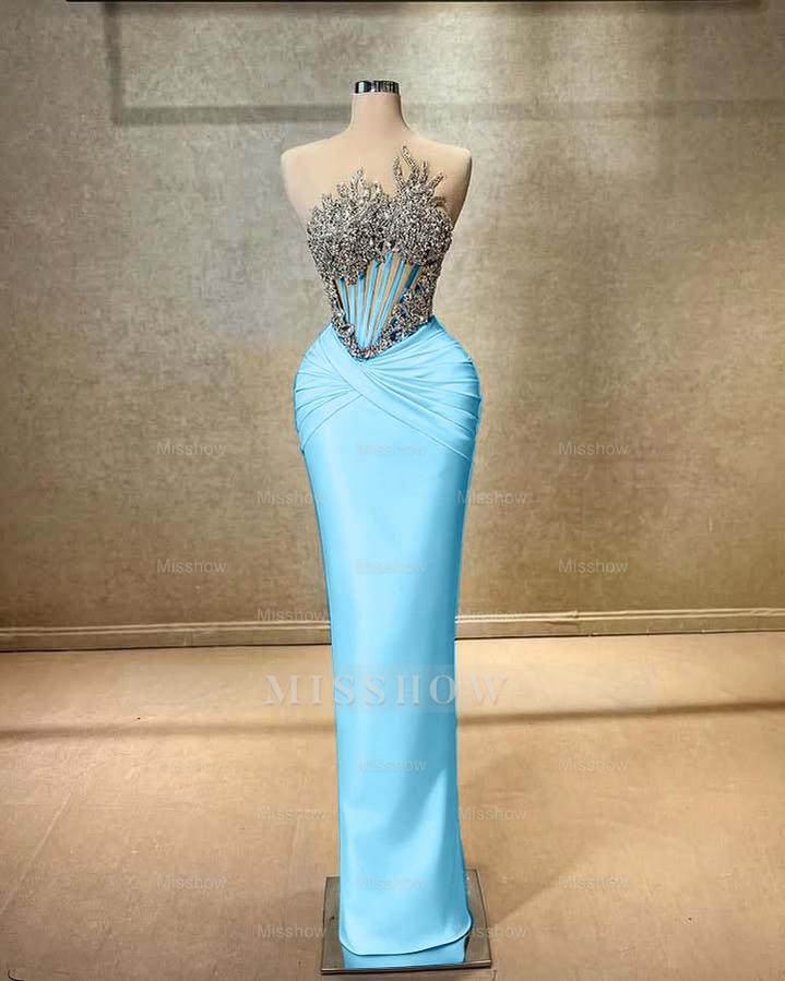 Strapless Sleeveless Long Mermaid Formal Dress With Beading Pleated