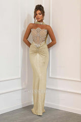 Strapless Sleeveless Long Mermaid Formal Dress With Beading Pleated