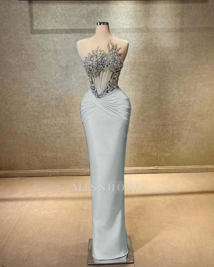 Strapless Sleeveless Long Mermaid Formal Dress With Beading Pleated