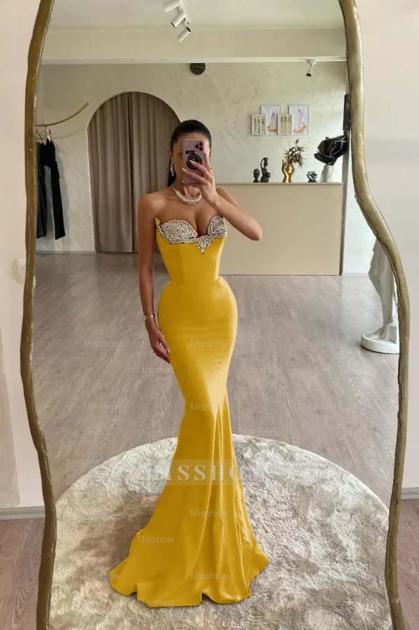 Strapless Sleeveless Long Mermaid Formal Dress With Beading Pleated