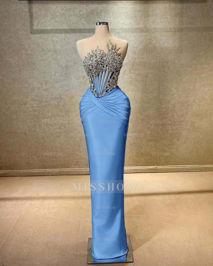 Strapless Sleeveless Long Mermaid Formal Dress With Beading Pleated