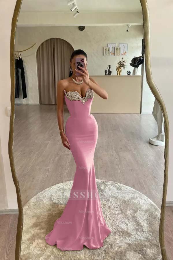 Strapless Sleeveless Long Mermaid Formal Dress With Beading Pleated
