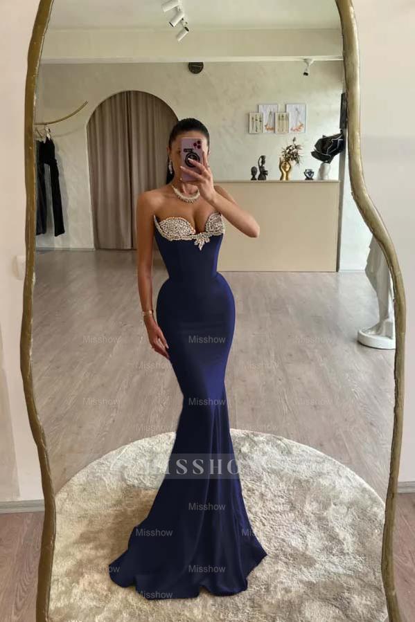 Strapless Sleeveless Long Mermaid Formal Dress With Beading Pleated