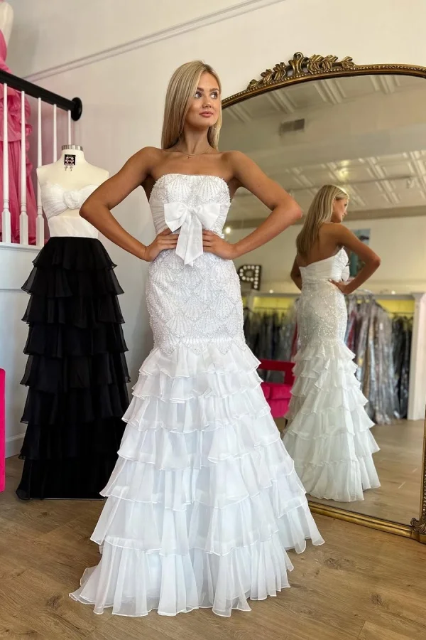 Strapless Sleeveless Long Mermaid Formal Dress With Beading Ruffle