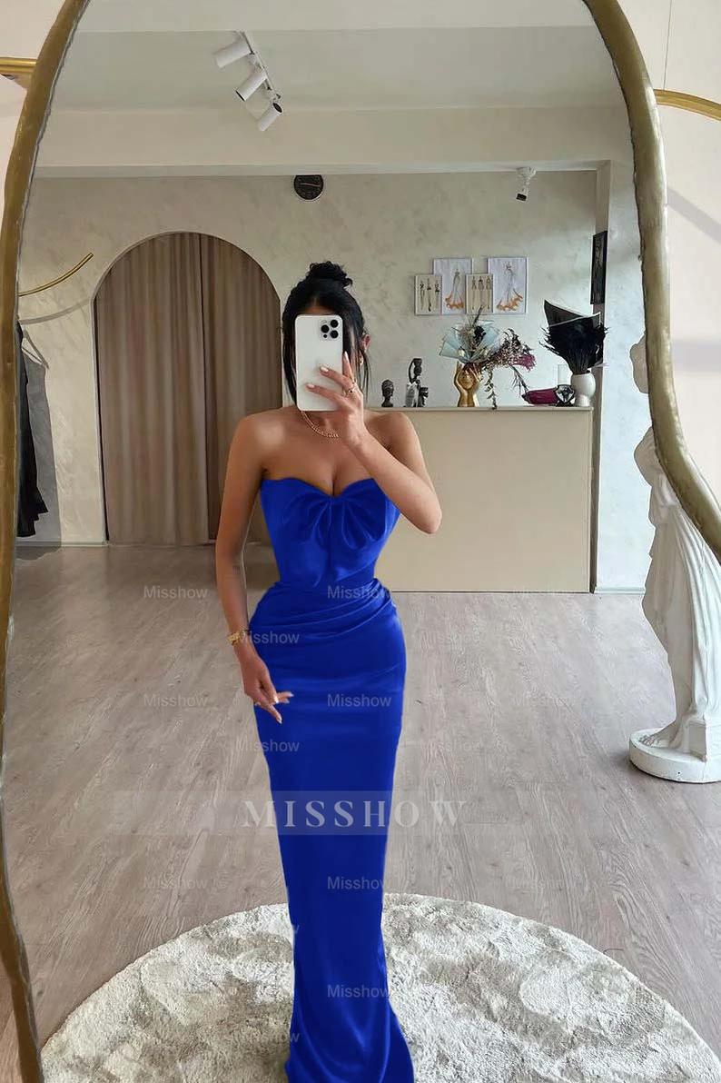 Strapless Sleeveless Long Mermaid Formal Dress With Bowknot Pleated