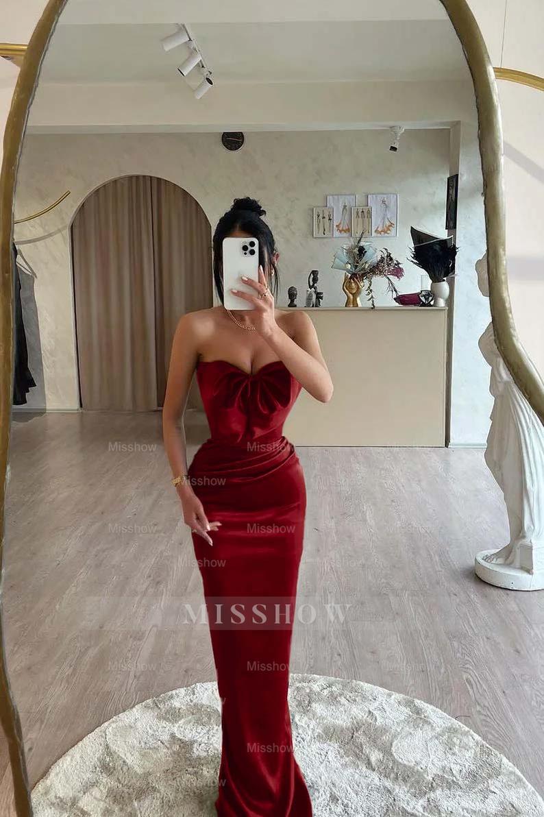 Strapless Sleeveless Long Mermaid Formal Dress With Bowknot Pleated