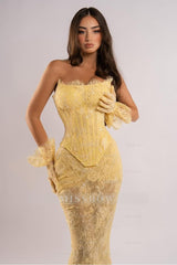 Strapless Sleeveless Long Mermaid Formal Dress With Lace Embroidery Gloves
