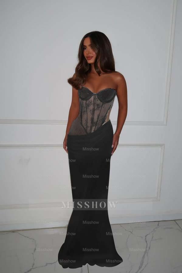 Strapless Sleeveless Long Mermaid Formal Dress With Lace Pleated