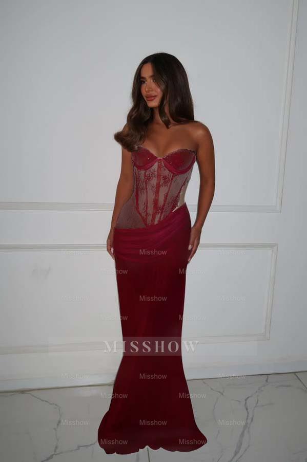 Strapless Sleeveless Long Mermaid Formal Dress With Lace Pleated