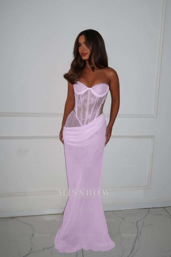 Strapless Sleeveless Long Mermaid Formal Dress With Lace Pleated