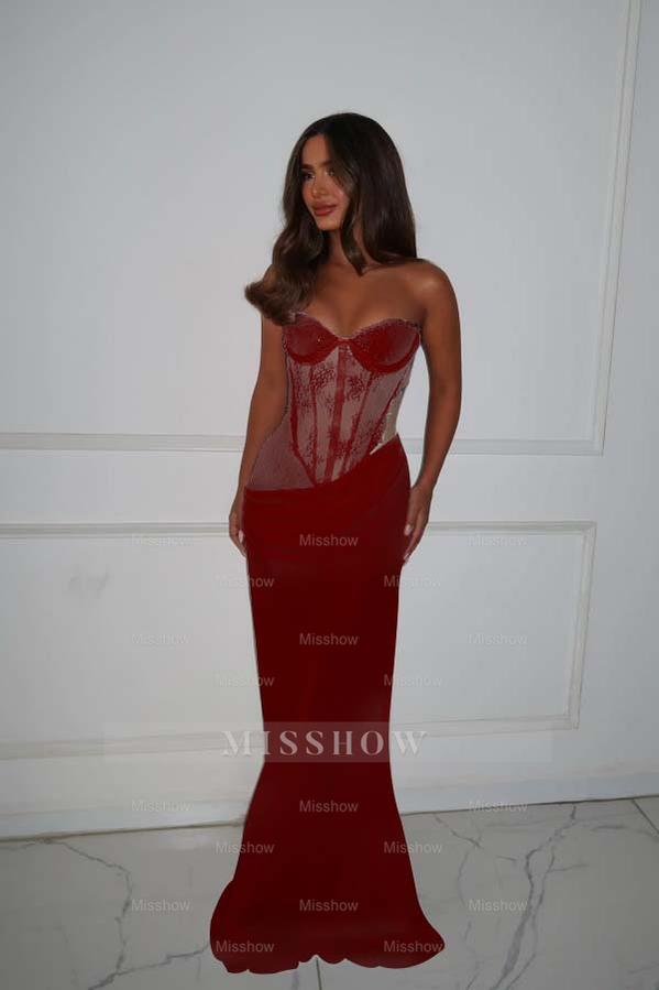 Strapless Sleeveless Long Mermaid Formal Dress With Lace Pleated