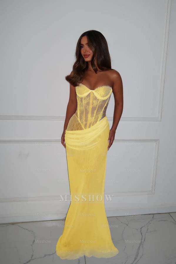 Strapless Sleeveless Long Mermaid Formal Dress With Lace Pleated