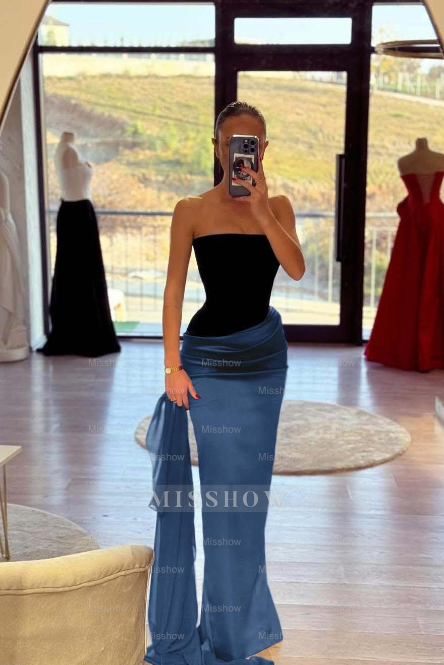 Strapless Sleeveless Long Mermaid Formal Dress With Pleated Belt