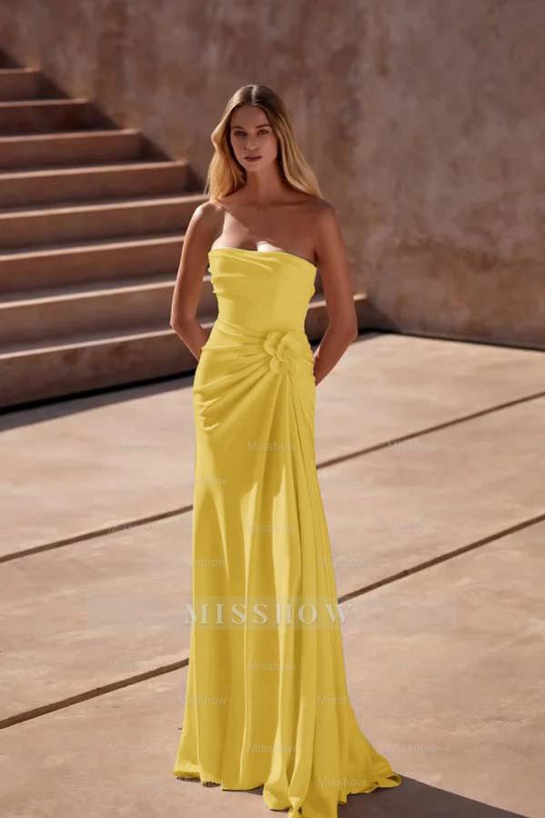 Strapless Sleeveless Long Mermaid Formal Dress With Pleated Flower