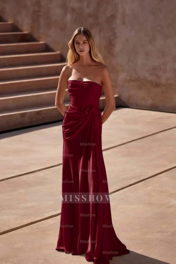 Strapless Sleeveless Long Mermaid Formal Dress With Pleated Flower