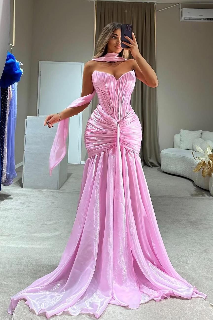Strapless Sleeveless Long Mermaid Formal Dress With Pleated Scarf