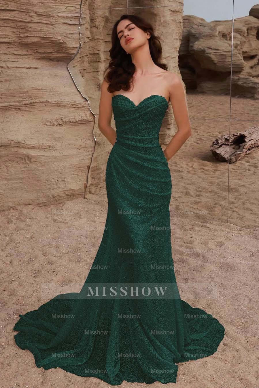 Strapless Sleeveless Long Mermaid Formal Dress With Pleated Sequins