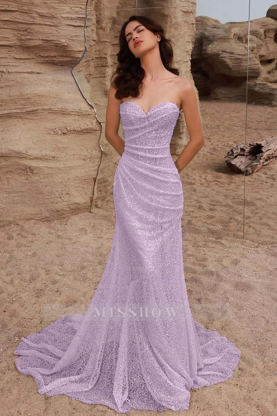 Strapless Sleeveless Long Mermaid Formal Dress With Pleated Sequins