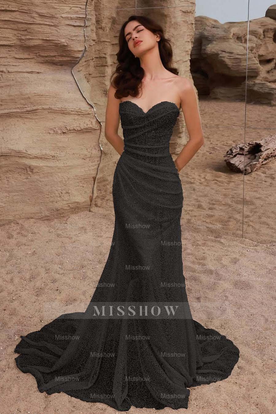 Strapless Sleeveless Long Mermaid Formal Dress With Pleated Sequins
