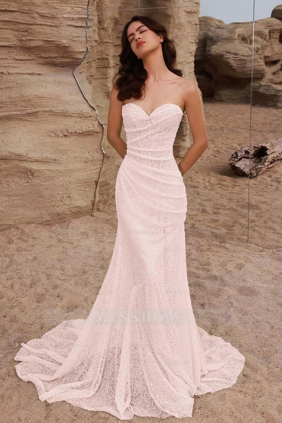 Strapless Sleeveless Long Mermaid Formal Dress With Pleated Sequins