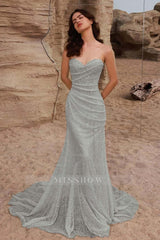 Strapless Sleeveless Long Mermaid Formal Dress With Pleated Sequins