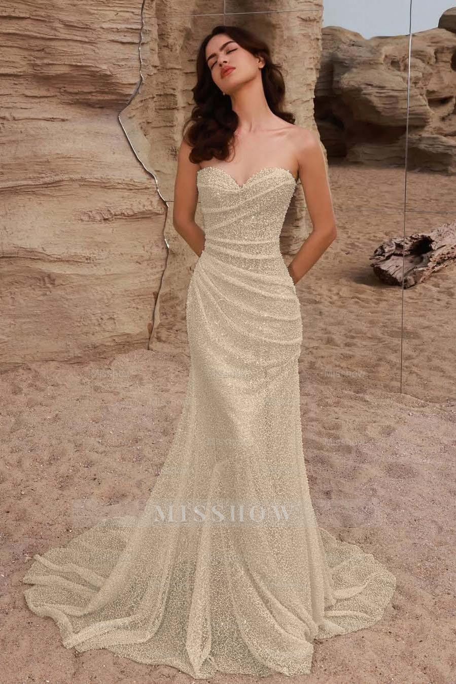 Strapless Sleeveless Long Mermaid Formal Dress With Pleated Sequins