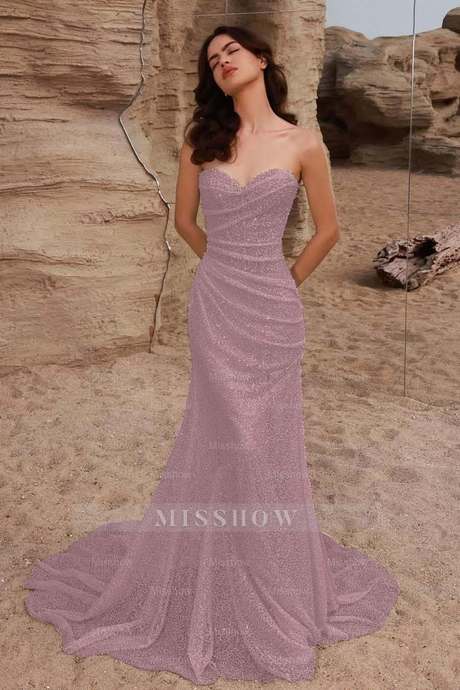 Strapless Sleeveless Long Mermaid Formal Dress With Pleated Sequins