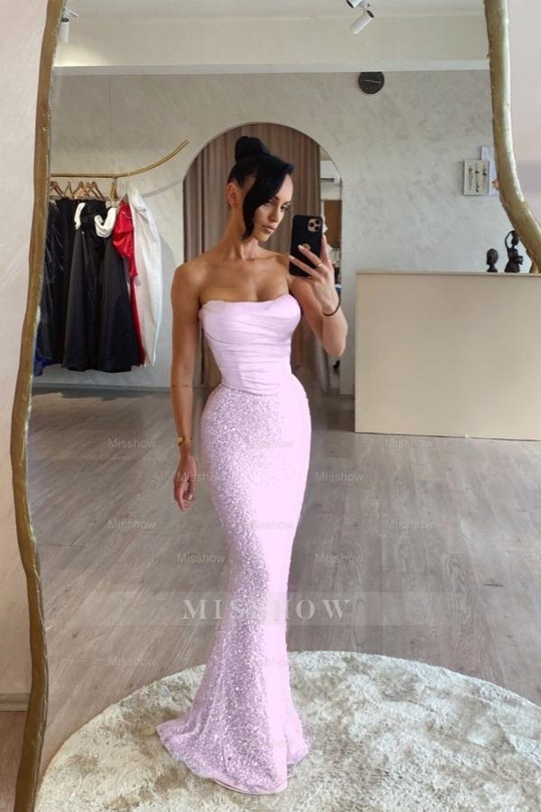 Strapless Sleeveless Long Mermaid Formal Dress With Sequin Pleated