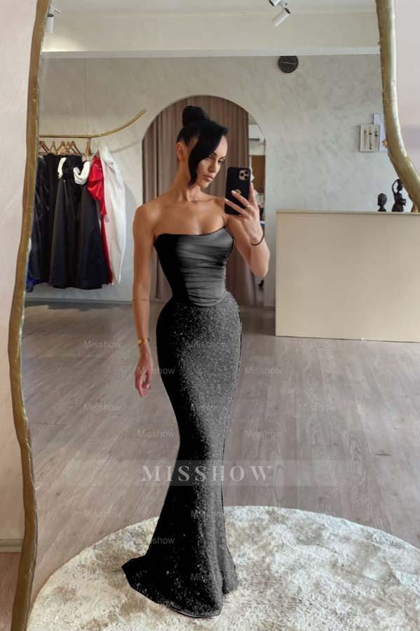 Strapless Sleeveless Long Mermaid Formal Dress With Sequin Pleated