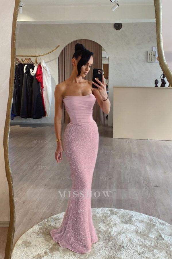 Strapless Sleeveless Long Mermaid Formal Dress With Sequin Pleated