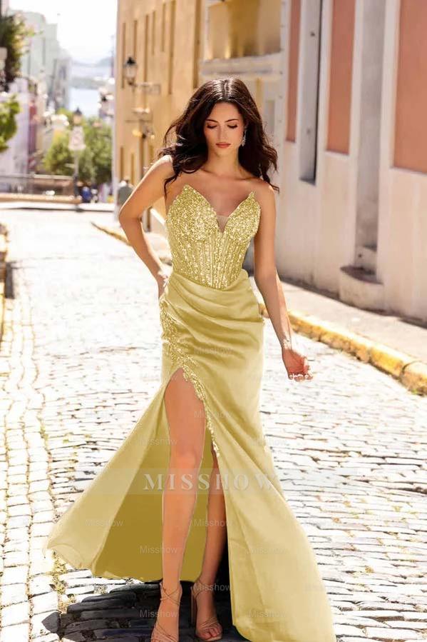 Strapless Sleeveless Long Mermaid Formal Dress With Split Appliques