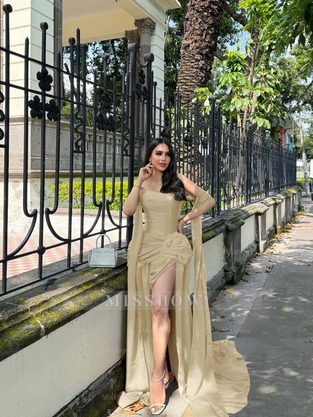 Strapless Sleeveless Long Mermaid Formal Dress With Split Pleated