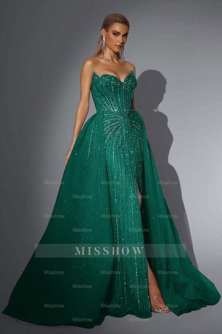 Strapless Sleeveless Long Mermaid Formal Dress With Split Sequins