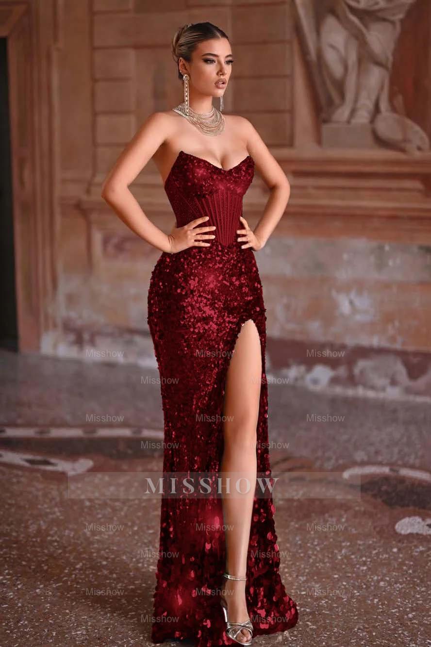 Strapless Sleeveless Long Mermaid Formal Dress With Split Sequins