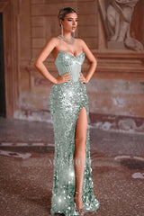 Strapless Sleeveless Long Mermaid Formal Dress With Split Sequins