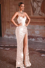 Strapless Sleeveless Long Mermaid Formal Dress With Split Sequins