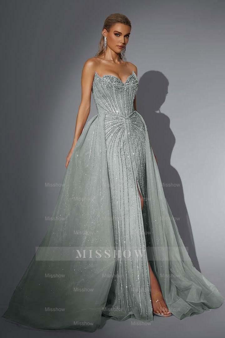 Strapless Sleeveless Long Mermaid Formal Dress With Split Sequins