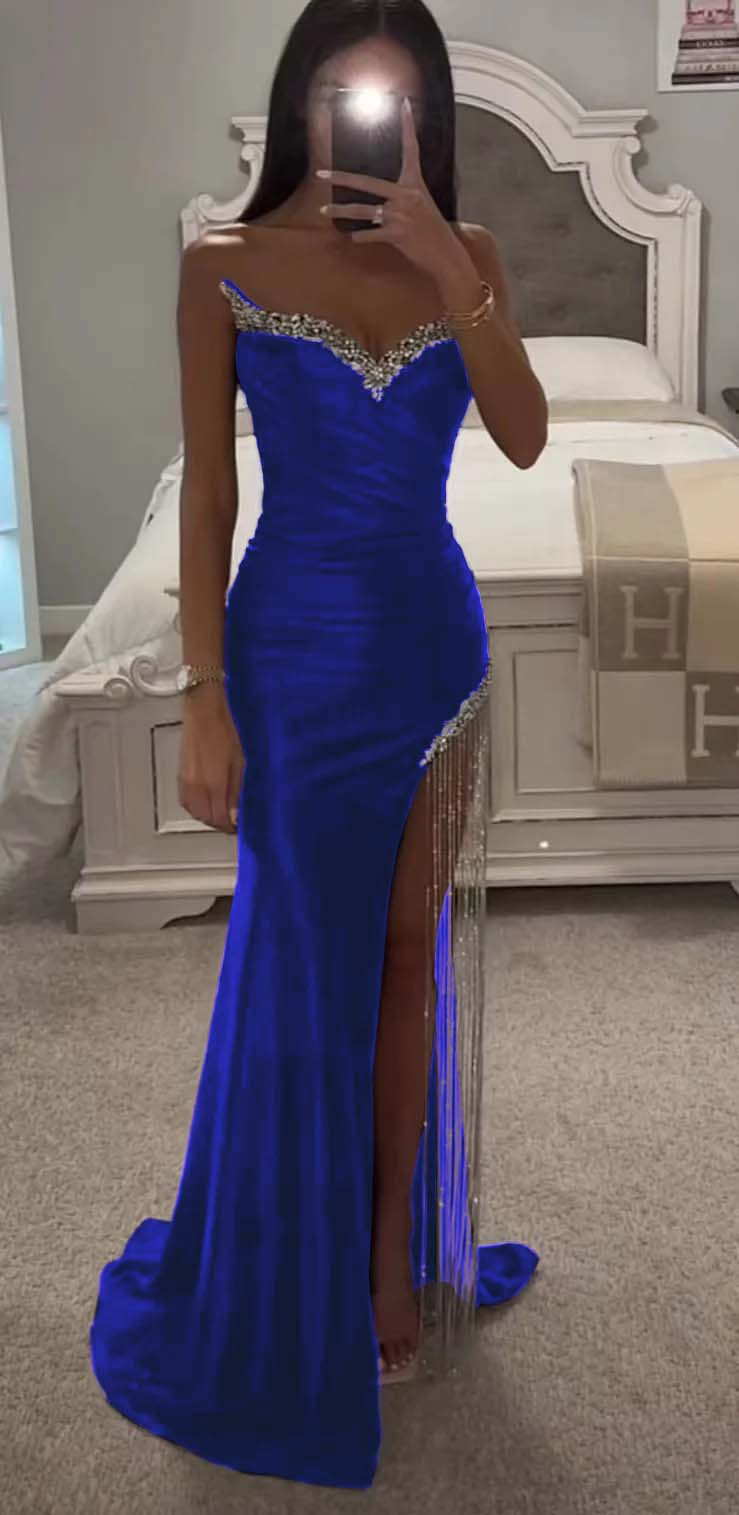 Strapless Sleeveless Long Mermaid Formal Dress With Split Tassel Beading