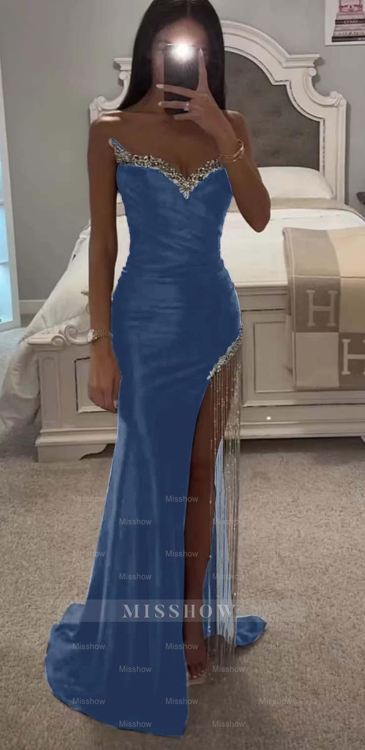 Strapless Sleeveless Long Mermaid Formal Dress With Split Tassel Beading