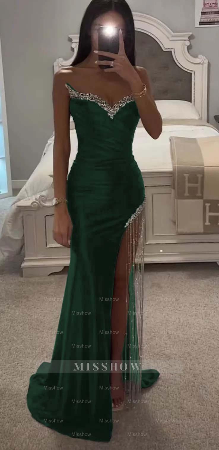 Strapless Sleeveless Long Mermaid Formal Dress With Split Tassel Beading