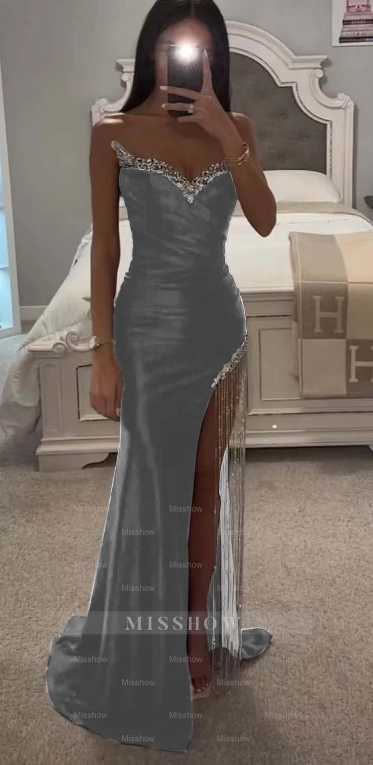 Strapless Sleeveless Long Mermaid Formal Dress With Split Tassel Beading