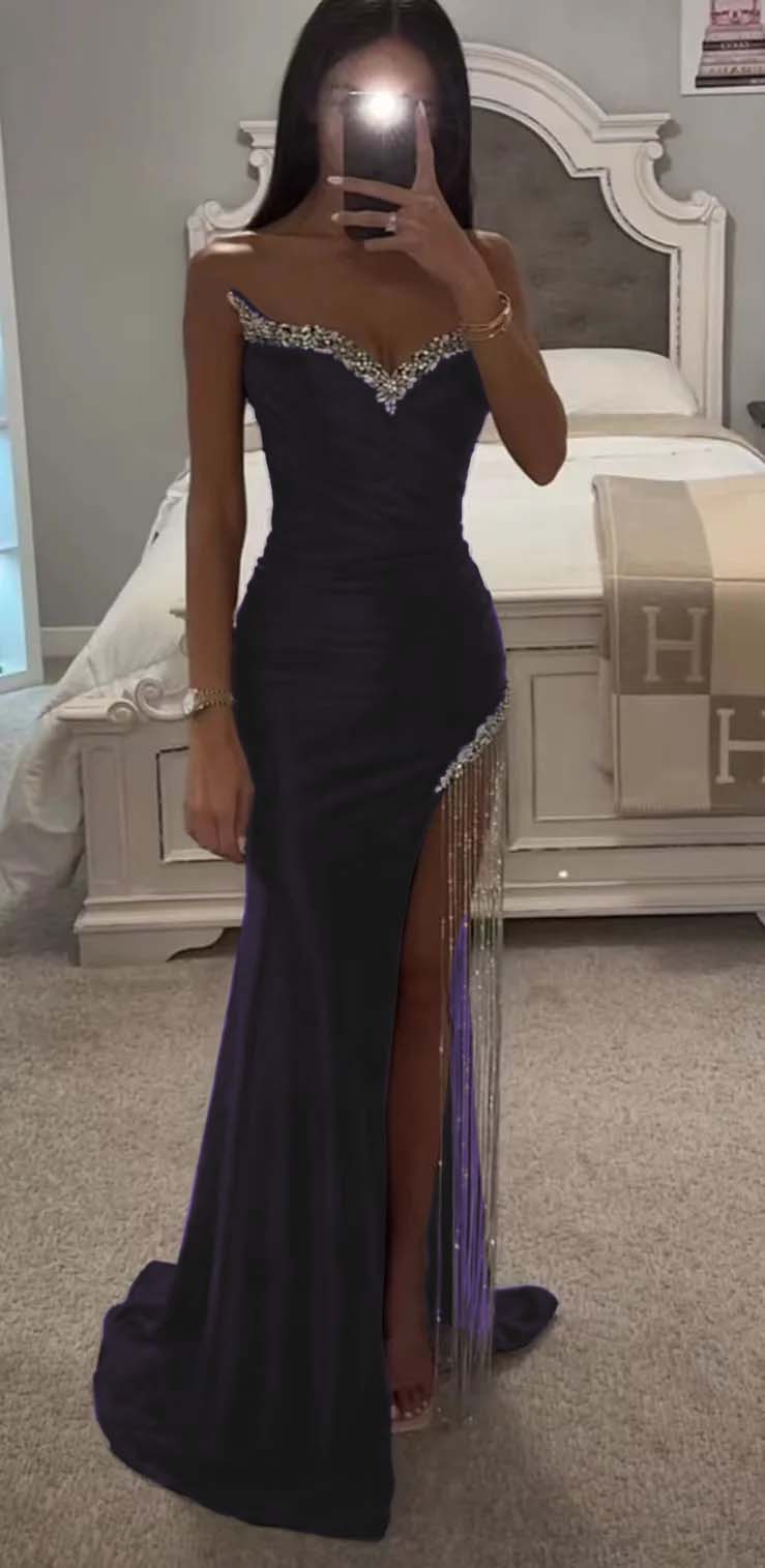 Strapless Sleeveless Long Mermaid Formal Dress With Split Tassel Beading