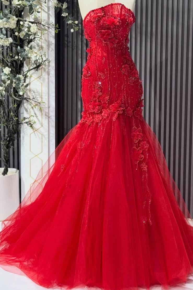 Strapless Sleeveless Long Mermaid Formal Dress With Tulle Appliques