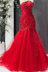 Strapless Sleeveless Long Mermaid Formal Dress With Tulle Appliques