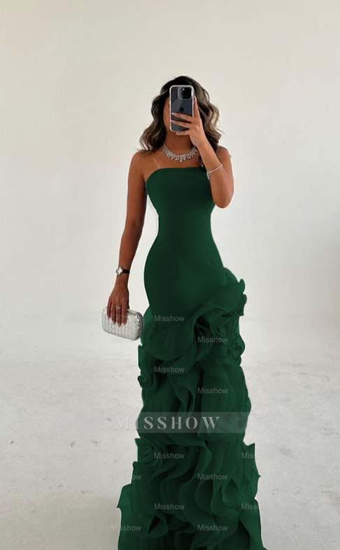Strapless Sleeveless Long Mermaid Formal Dress With Tulle Ruffles
