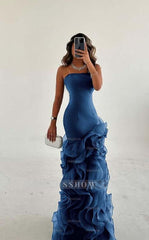 Strapless Sleeveless Long Mermaid Formal Dress With Tulle Ruffles
