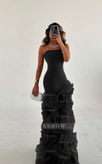 Strapless Sleeveless Long Mermaid Formal Dress With Tulle Ruffles