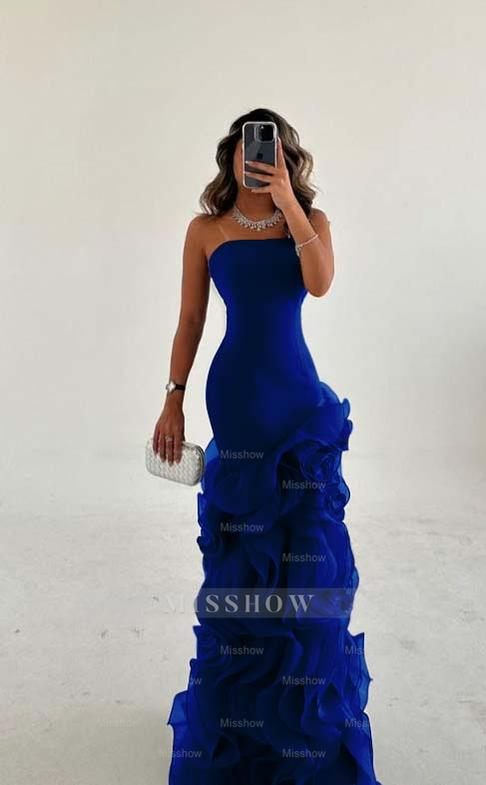 Strapless Sleeveless Long Mermaid Formal Dress With Tulle Ruffles