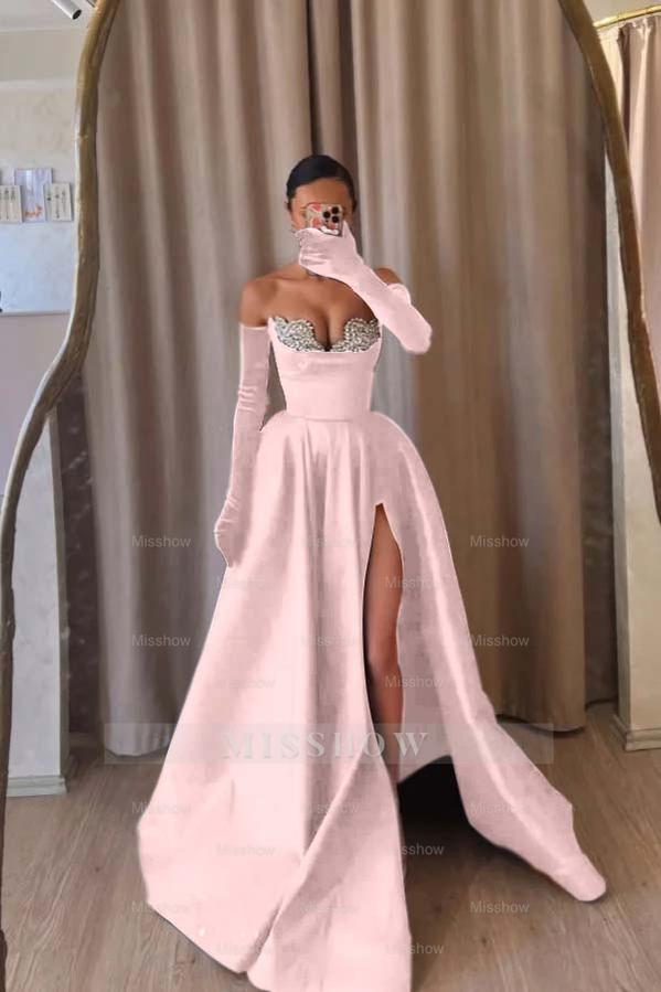 Strapless Sleeveless Long Split Formal Dress With Beading Long Gloves